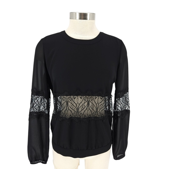 Guess Tops - GUESS Blouse Black Sheer Lace Panel Long Sleeve Sexy Keyhole Back Top XS